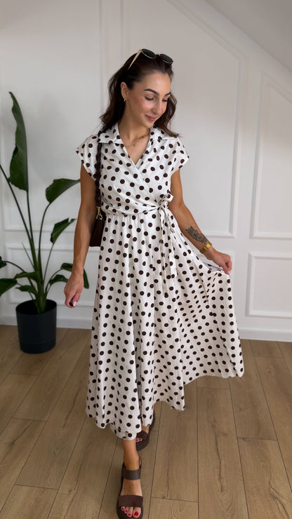 Sukienka DOTTY - ecru w czekoladowe grochy