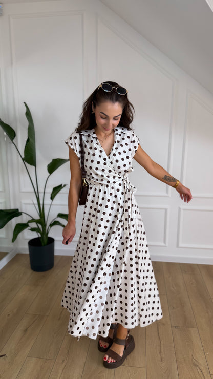 Sukienka DOTTY - ecru w czekoladowe grochy