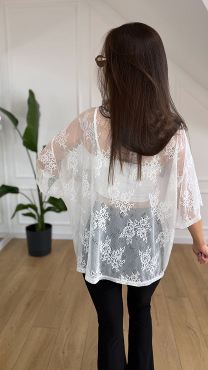T-shirt PERLA - oversize z koronki BIAŁY