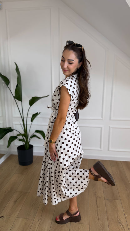 Sukienka DOTTY - ecru w czekoladowe grochy