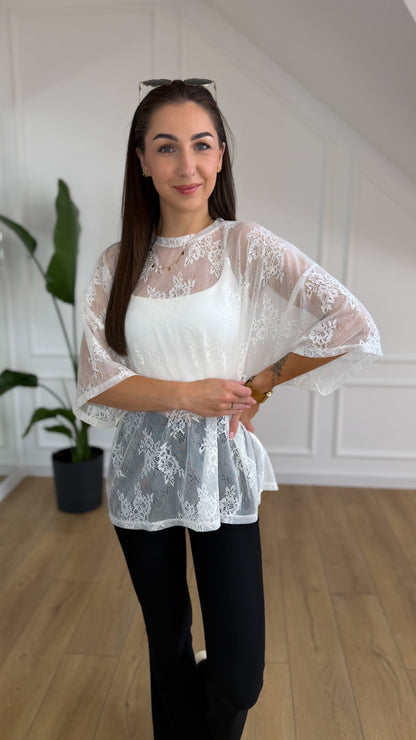 T-shirt PERLA - oversize z koronki BIAŁY
