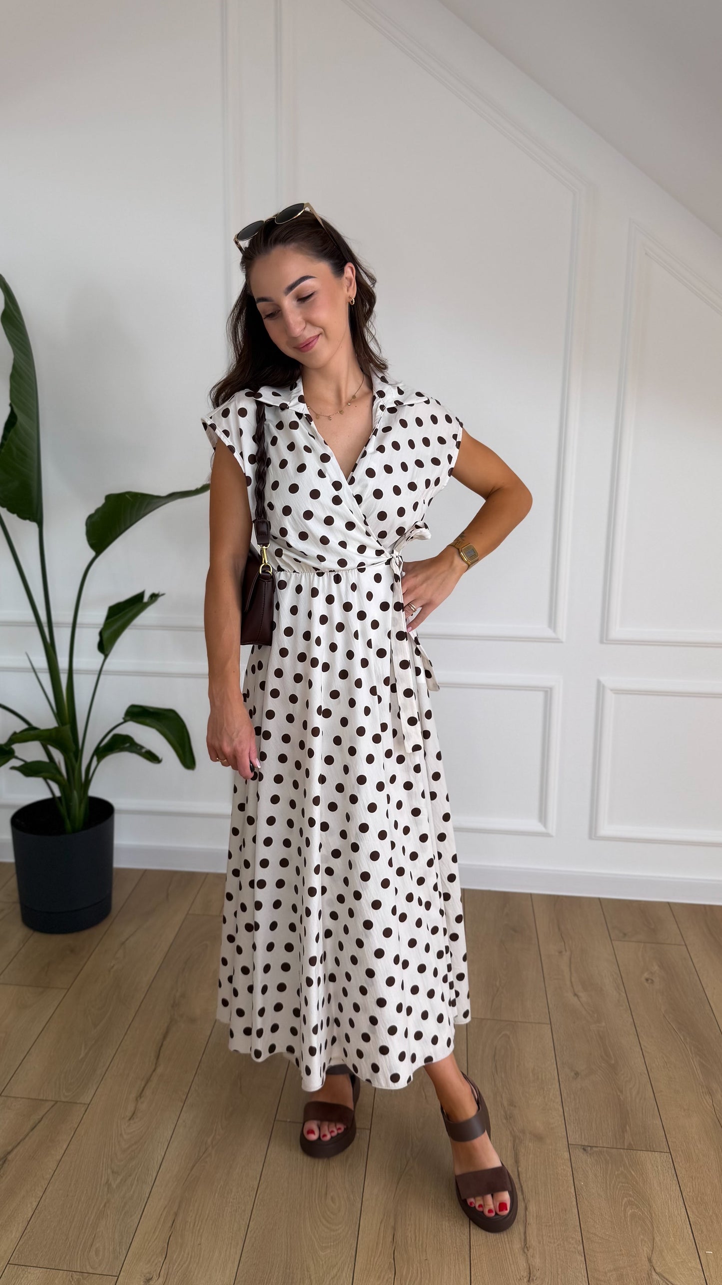 Sukienka DOTTY - ecru w czekoladowe grochy